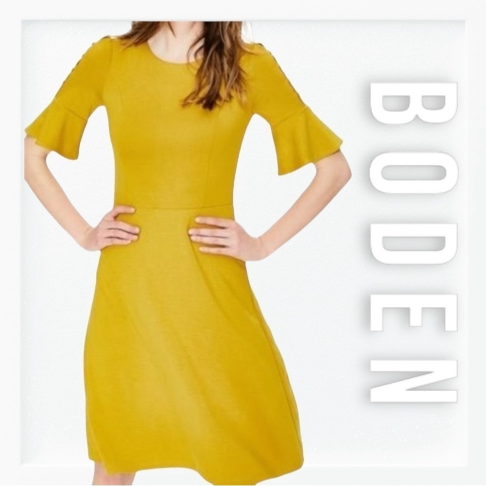 Boden Alexis Fit-n-Flare Short Sleeve Jersey Dress Golden Yellow Size 6 Petite.